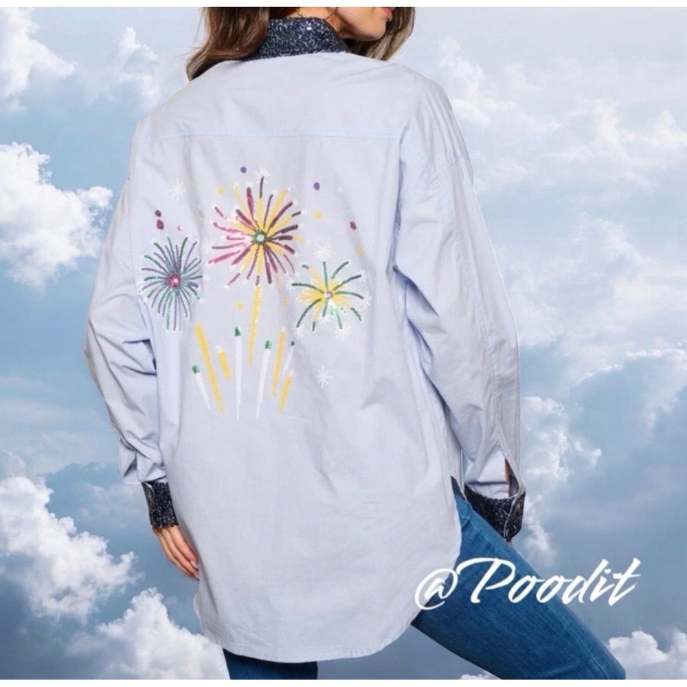 New Fantastic Fawn Light Blue Sequin‎ Collar Cuff Firework Shirt L High Low Top